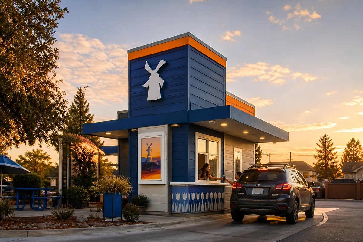 Dutch Bros style drive-thru coffee stand exterior at golden hour
