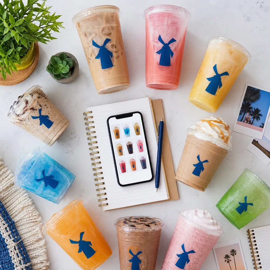 Dutch Bros menu guide flat lay with colorful drinks and research notes