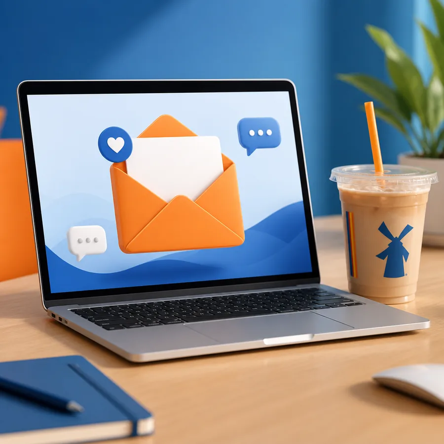 Contact Dutch Bros Menu Hub email support with friendly help desk concept