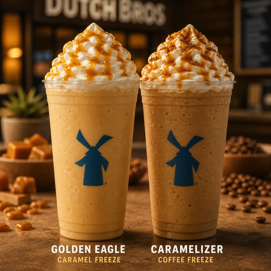 Dutch Bros Freeze menu Golden Eagle and Caramelizer blended coffee drinks