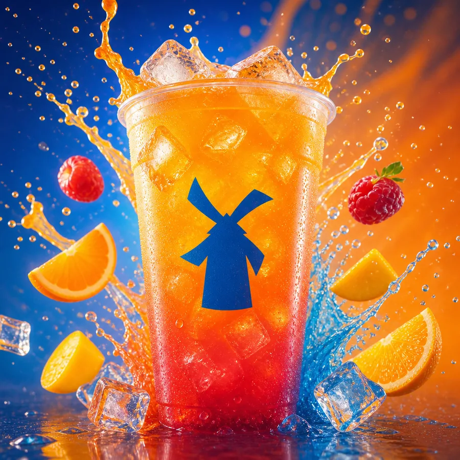 Dutch Bros Rebel energy drink iced fruit flavor with blue windmill cup